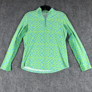 Icikuls Womens 1/4 Zip Sun Shirt Geometric Lattice Print Blue Lime Green M